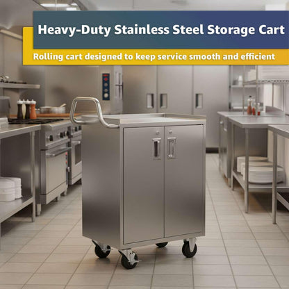 16" x 24" Stainless Steel Utility Cart with Enclosed Base and Locking Doors - 3 Shelf Heavy-Duty 18-Gauge 304 Steel Rolling Cabinet - NSF Commercial Service Cart for Kitchen, Catering, Restaurant