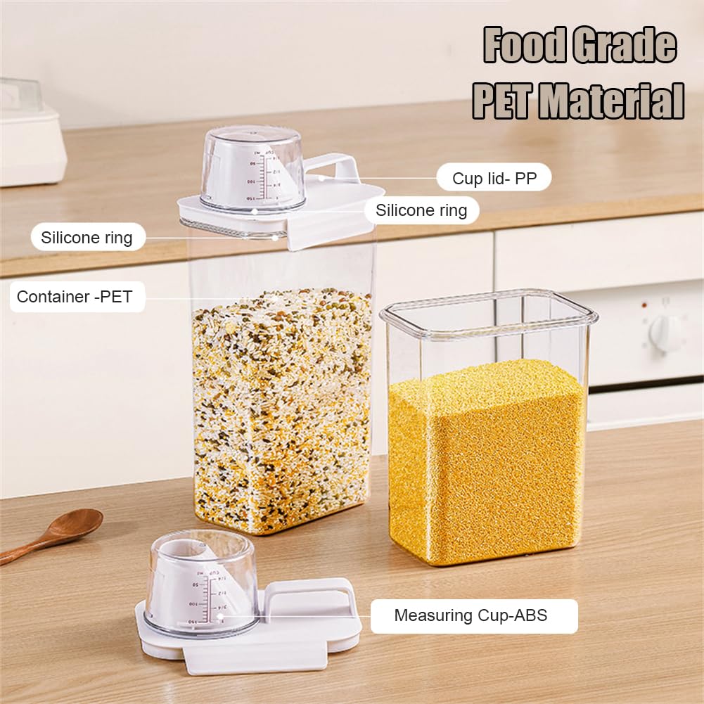 Triflice 2Pcs Rice Dispenser Storage Containers, 1.1L Small Rice Bucket with Measuring Cup & Pour Spout, Kitchen Plastic Airtight Container for Cereal, Grain, Flour, Sugar, Oatmeal, Dry Pet Dog Food