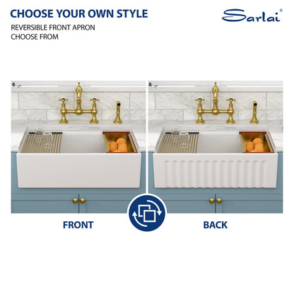 Sarlai White Farmhouse Sink - 33 Inch Farm Kitchen Sink Undermount Workstation Apron Front Reversible Ceramic Fireclay Single Bowl Farmer Sinks Basin 33 x 20 Inch With Gold Accessories