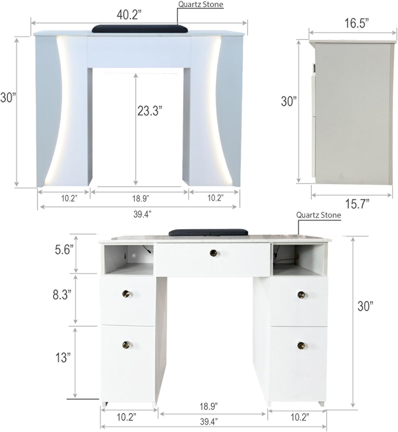 Venus Manicure Table Fan and Chair Set – Modern LED Nail Station Desk with Technician & Customer Chair, Ergonomic Design, Black & White Finish (Grey, Capuchino)