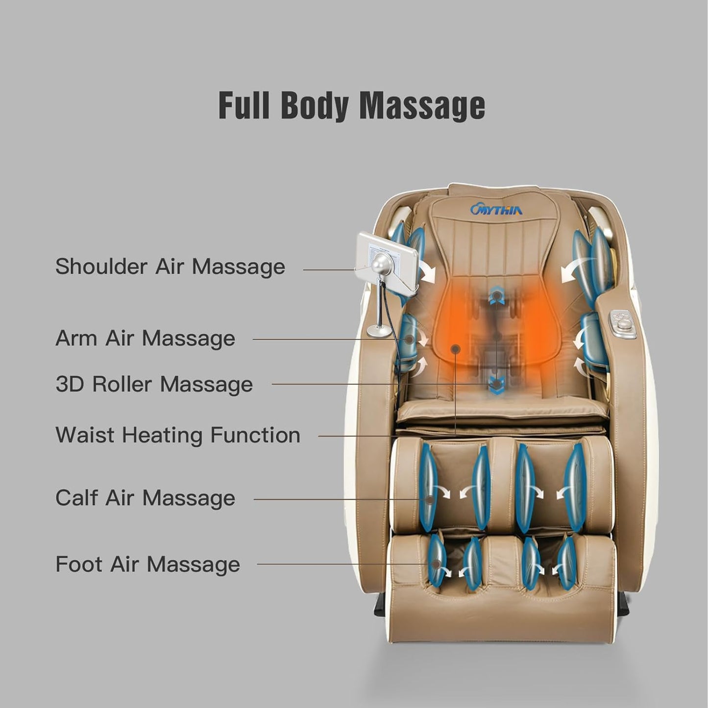 MYTHIA 2026 Full Body Massage Chair for After Work Recovery - Zero Gravity Recliner up to 165°with SL Track, Heat Therapy, Bluetooth & USB Charging Port (MD906-Beige)