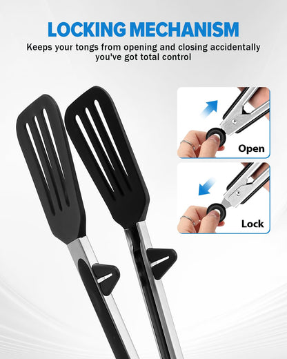 Kitchen Tongs for Cooking, Non Scratch Silicone Tip for Nonstick Cooking Pans, Food Grade Mini Serving Tongs, Pull Lock, Set of 3, Black (BLack, 9 inch)