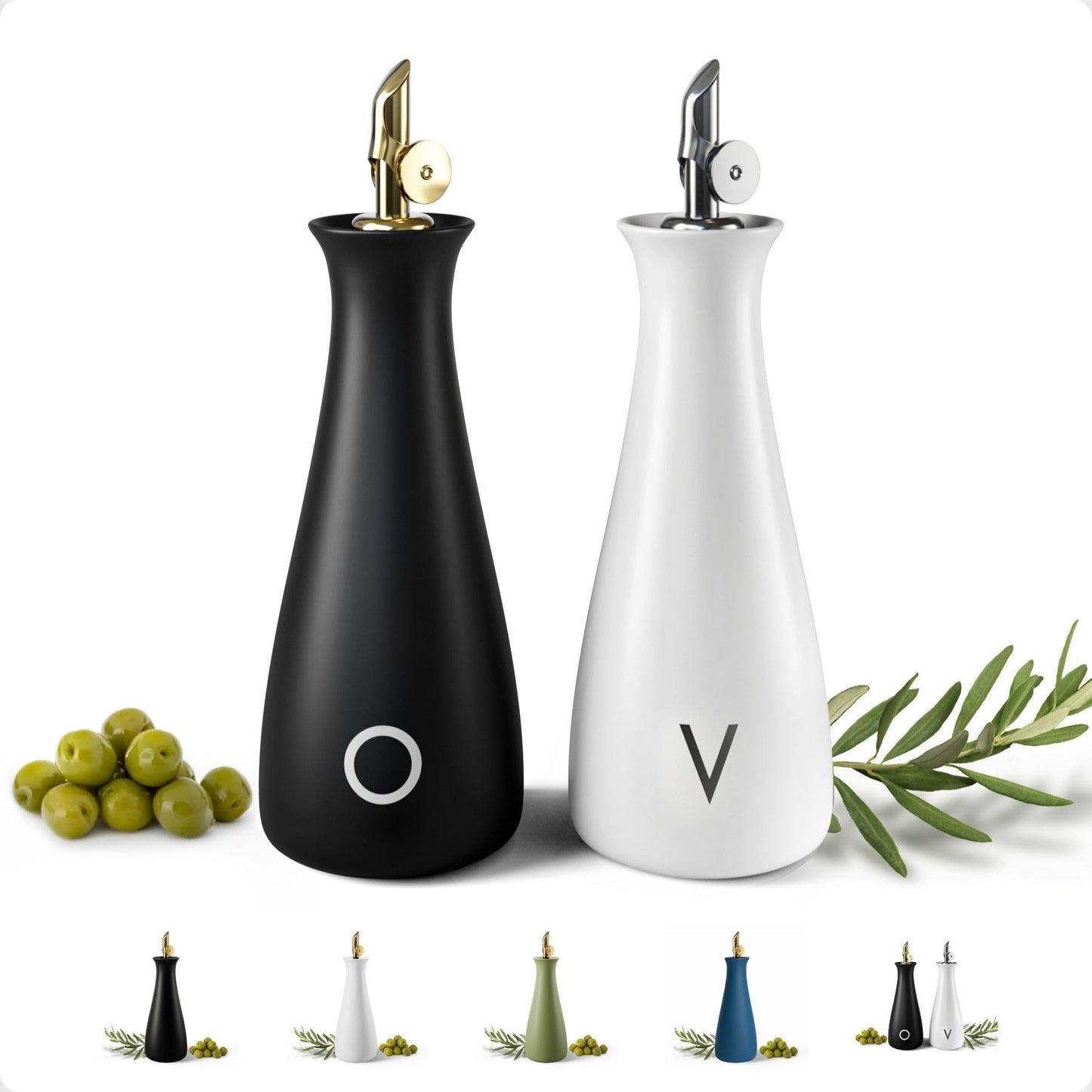 Oil and Vinegar Dispenser Set with Self-Closing Stainless Steel Spouts - 530 ML Capacity Matte Ceramic Leak Proof EVOO & Vinegar Dispensing Bottle Set of 2 - Olive Oil and Vinegar Dispenser Bottle Set