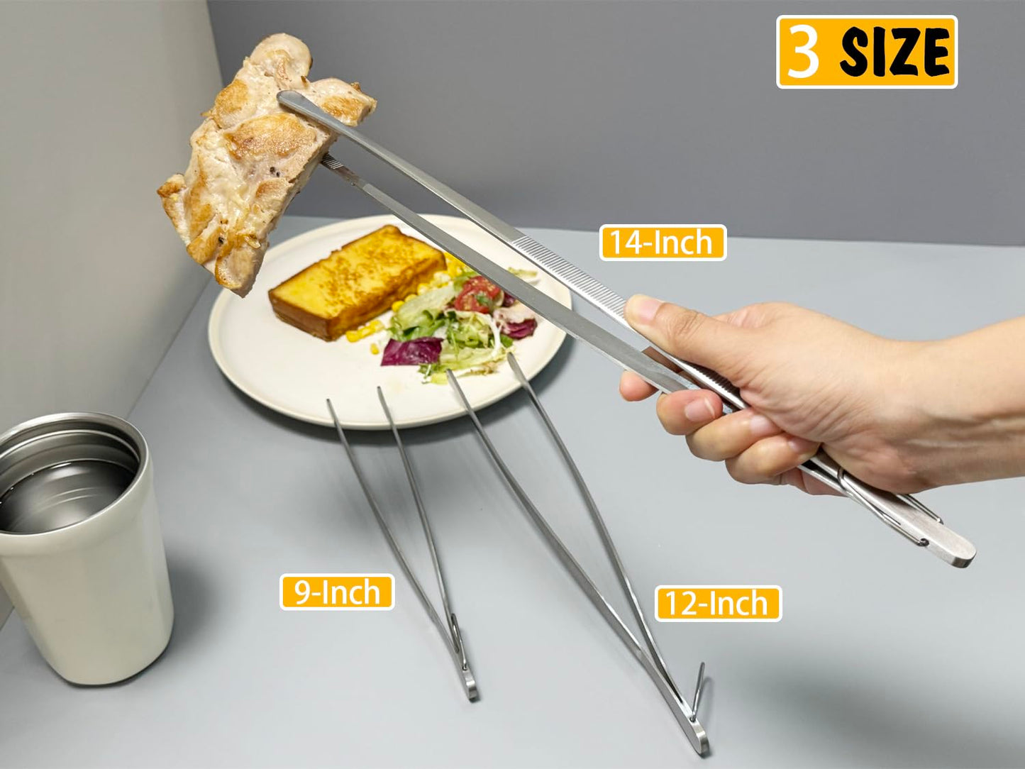 JETKONG 3 Pcs Extra Long Kitchen Tweezers Heavy Duty Stainless Steel Cooking Tweezers (9 12 14 Inch, Silver)