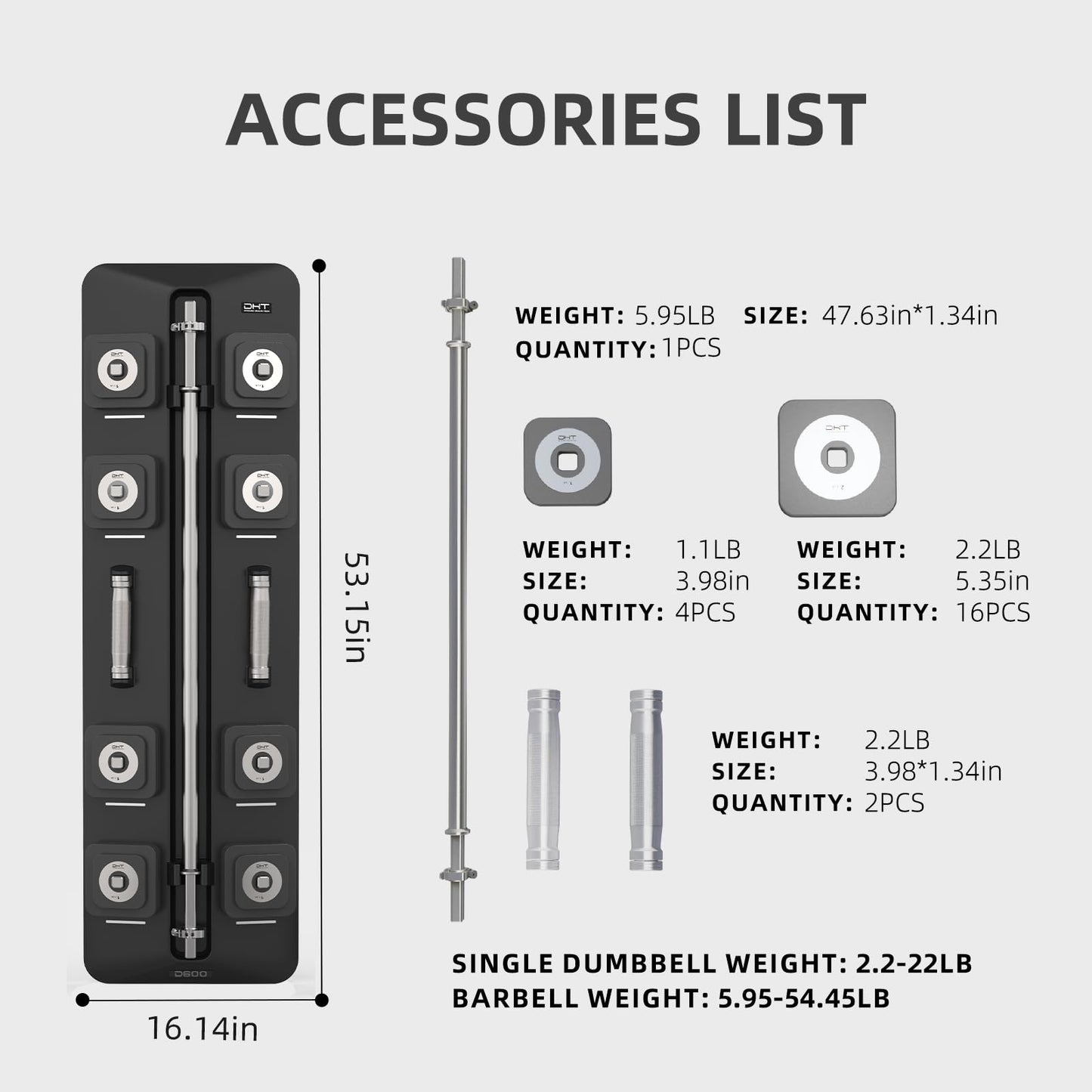 DHT Adjustable Dumbbells, Wall-Mounted Dumbbell Barbell Set with Rack, Free Weights Dumbbells, All-Purpose Fitness, Anti-Rolling, Weights Set for Home, Gym, Office, 2.2-50 lbs, 2 in 1 Black