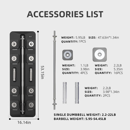 DHT Adjustable Dumbbells, Wall-Mounted Dumbbell Barbell Set with Rack, Free Weights Dumbbells, All-Purpose Fitness, Anti-Rolling, Weights Set for Home, Gym, Office, 2.2-50 lbs, 2 in 1 Black
