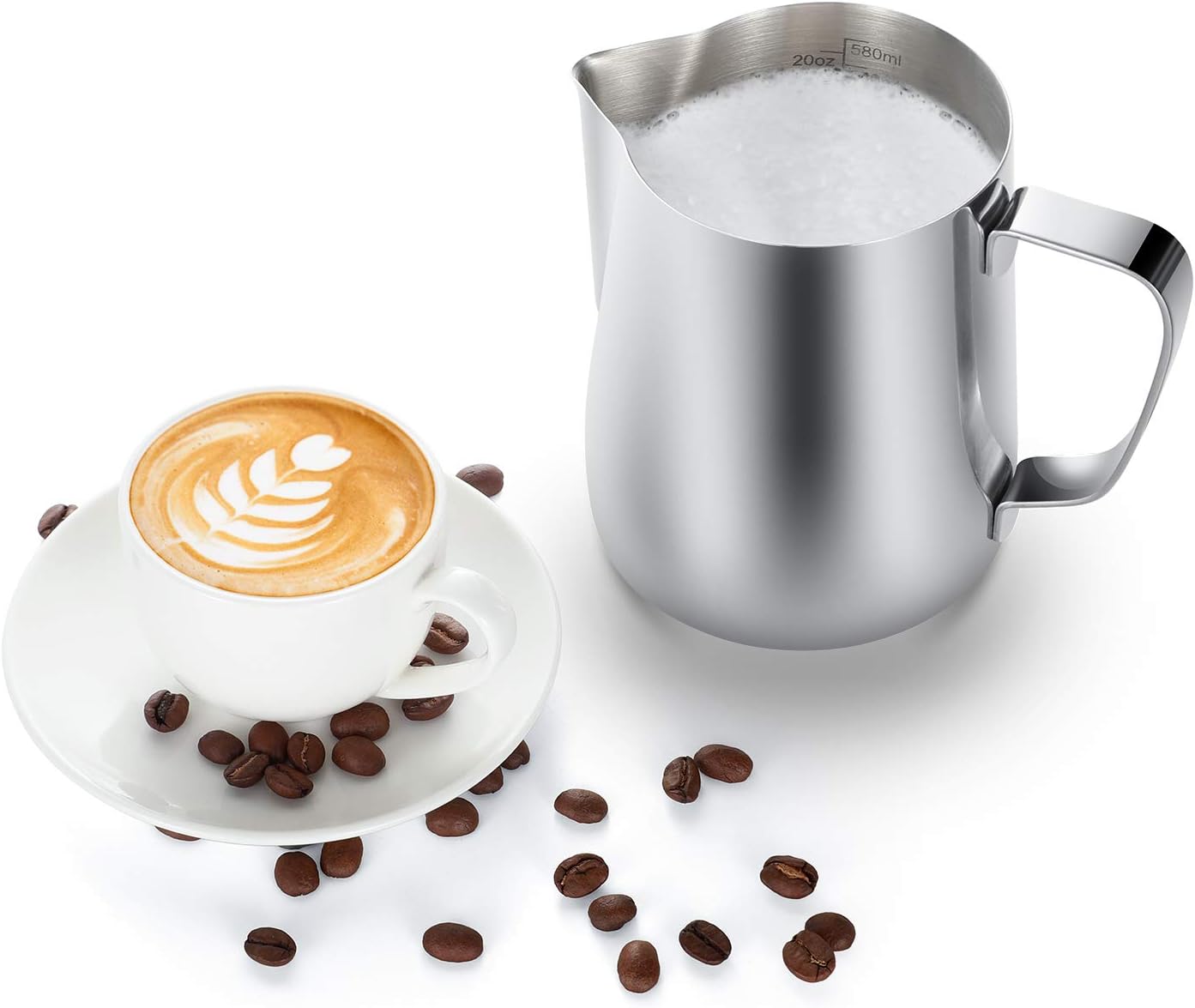 Milk Frothing Pitcher, 600ml 20oz Thicker Version Stainless Steel for Coffee Cappuccino Latte Art