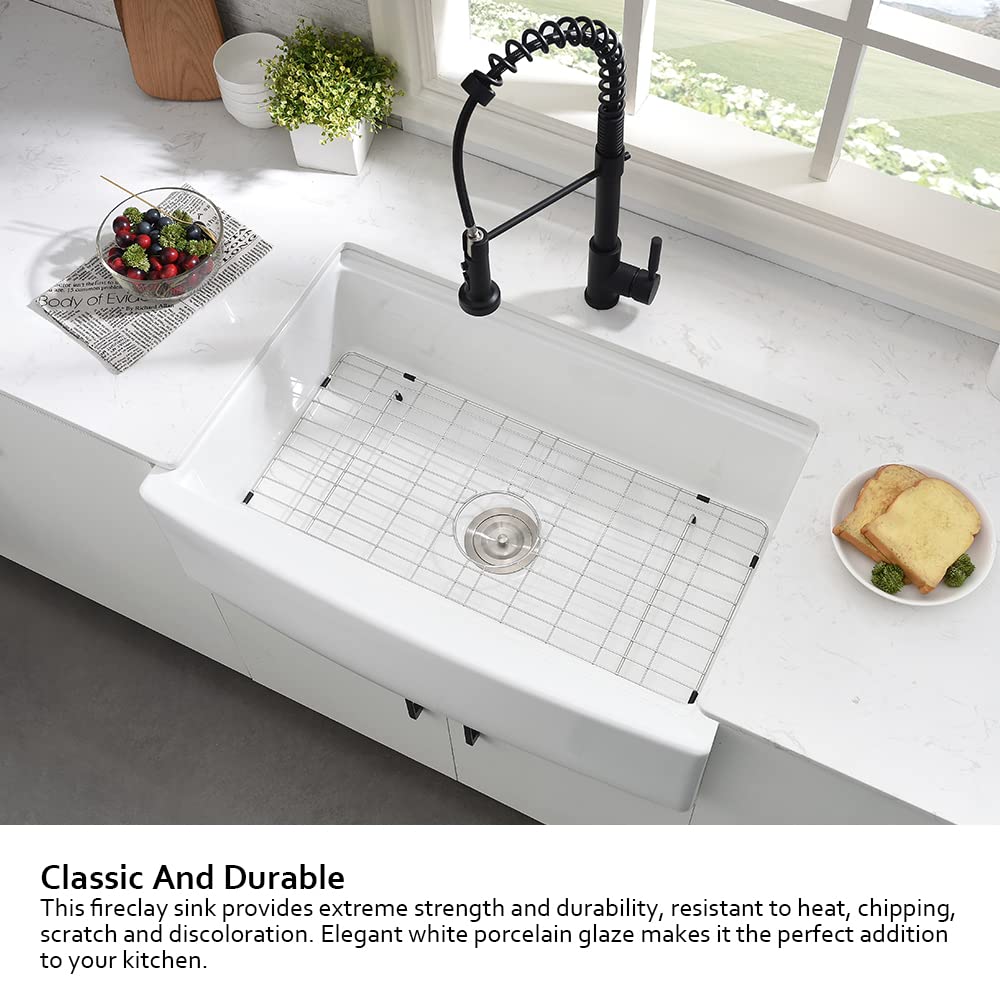 33 Inch White Farmhouse Sink Workstation-Hovheir 33x21 Apron Front Farm Sink White Fireclay Porcelain Ceramic Farmhouse Kitchen Sinks Workstation Deep Single Bowl Farmer Sinks with Cutting Board
