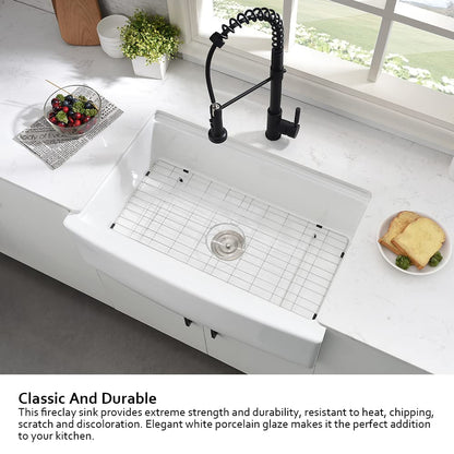 33 Inch White Farmhouse Sink Workstation-Hovheir 33x21 Apron Front Farm Sink White Fireclay Porcelain Ceramic Farmhouse Kitchen Sinks Workstation Deep Single Bowl Farmer Sinks with Cutting Board