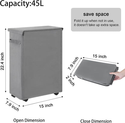 45L Chrislley Slim Laundry Hamper with Wheels, Narrow Rolling Laundry Basket with Lid, Foldable Dirty Clothes Hamper