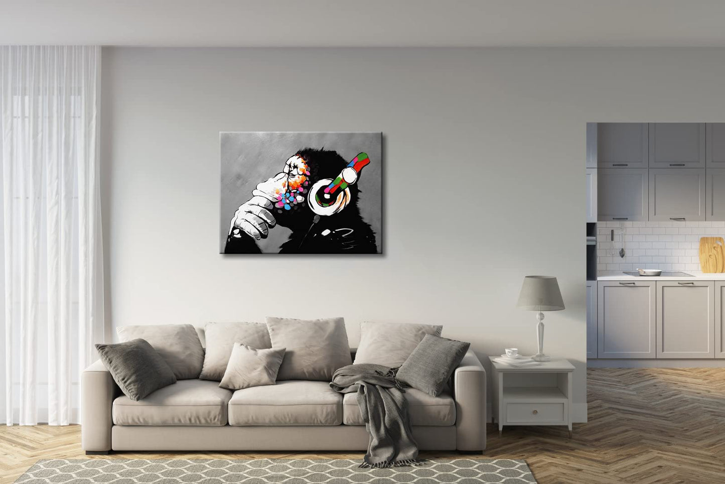 Wieco Art Black Framed Monkey With Headphones Banksy Graffiti Art Abstract Canvas Paintings Prints Animal Canvas Wall Art for Wall Decor and Home decorations Office Decor