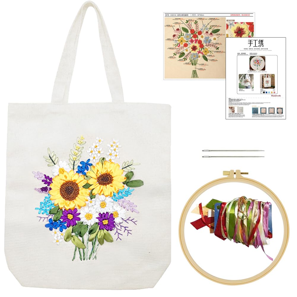 KABAKE Canvas Tote Bag Silk Ribbon Embroidery Kit, Embroidery Kits for Beginners, Arts and DIY Crafts Embroidery Starter kit, Include Stamped Embroidery Bag, Threads, Embroidery Tools