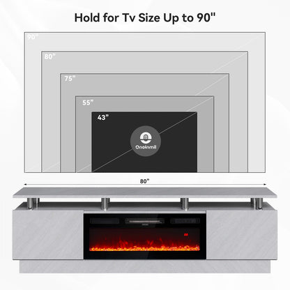 oneinmil Fireplace TV Stand with 36” Electric Fireplace, 2 Tier TV Console Stand for TVs Up to 90"", LED Light Entertainment Center, Fireplace for The Living Room TV Stand, Black, 80''