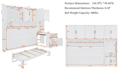 Merax 90.4"H Twin Size Murphy Bed Cabinet With Built-in Desk, Storage Closet, Drawers & Shelves, Wood Foldable Hidden Wall Platform Bedframe For Home, Bedroom, Small Room, Apartment, Reversible, White