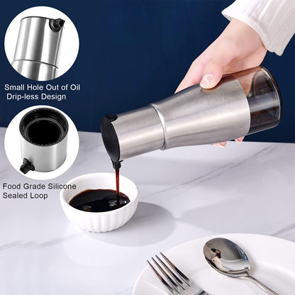 Tebery 2 Pack Silver Olive Oil and Vinegar Dispenser Set, 10OZ Oil Dispenser Cruet with Easy & Drip Free Pouring, Elegant Stainless Steel with Glass Bottom