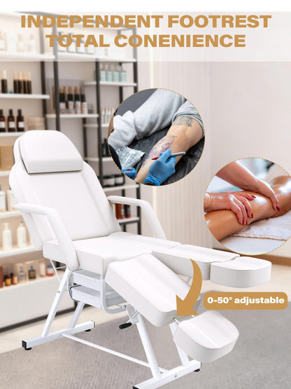 Facial Chair Tattoo Chair for Client, Facial Bed Esthetician Adjustable Massage Table with Headrest & 360° Rolling Stool, Split Legs Design, Lash Bed for Salon Spa Massage Equipment, Elegant White