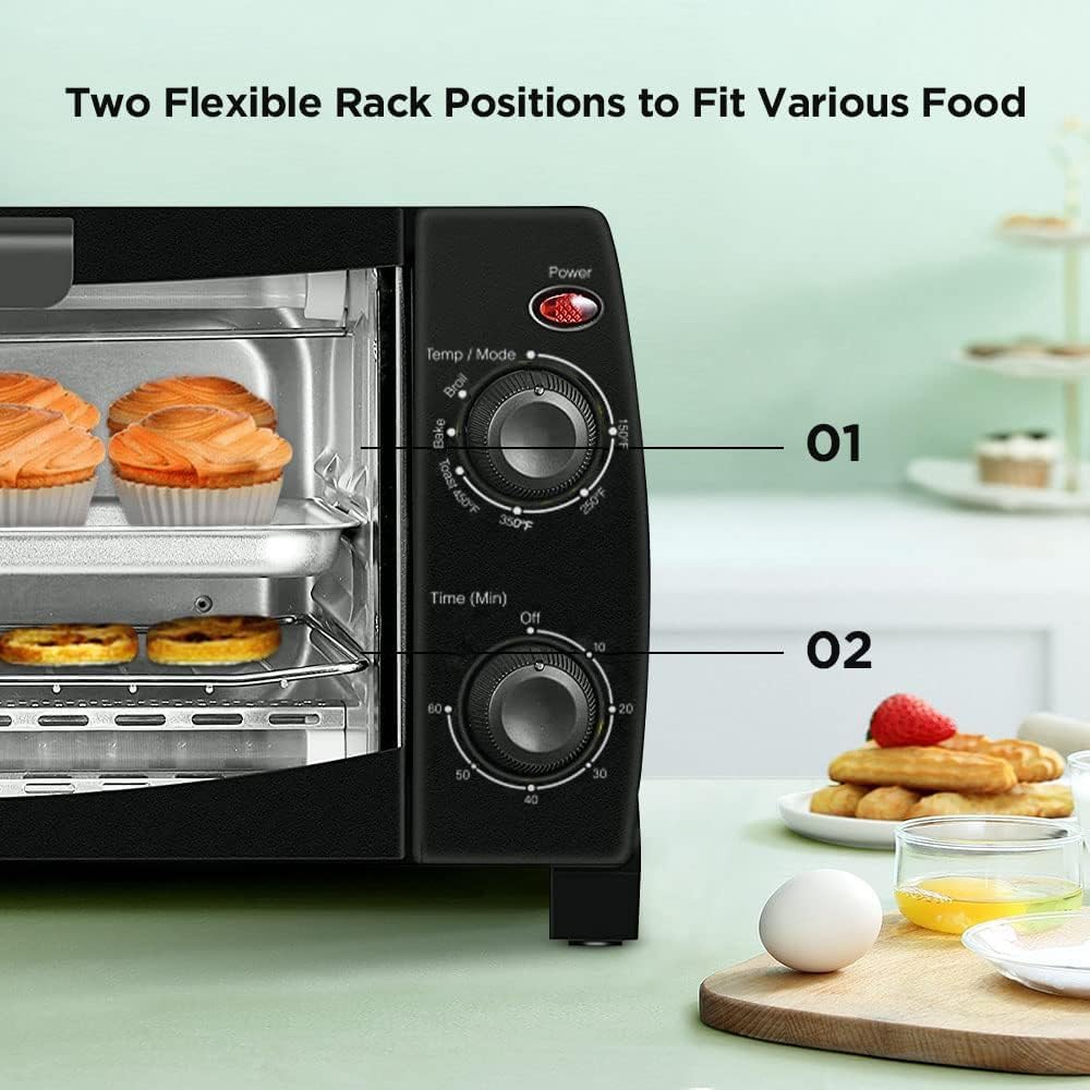 Dominion 4 Slice Toaster Oven Countertop, Retro Compact Design, Multi-Function, 1000 Watts, 30-Minute Timer, Black