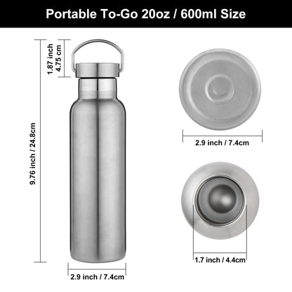 Neihepal 20 oz Insulated Water Bottles Bulk 2 Pack,Stainless Steel Double Wall Sport Bottle with Lid of Handle,Metal Reusable Thermoses Flask with Cup Cap for School,Cyclists,Gift (Silver,Set of 2)