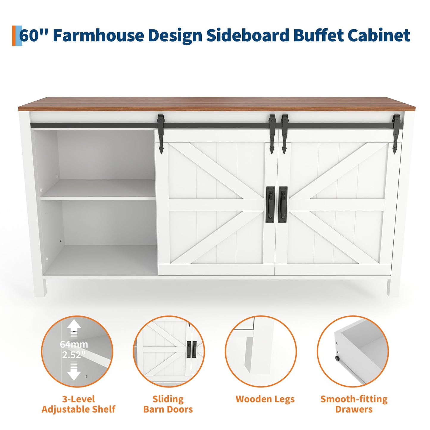 Garvee Farmhouse Sideboard Buffet Cabinet with Sliding Barn Doors & 4 Drawers, 60" Rustic Wood Kitchen Coffee Bar Storage Cabinet for Dining Room Living Room, TV Stand & Console Table