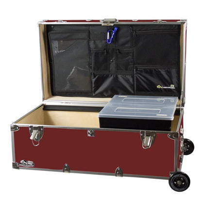 C&N Footlockers - Full-Size Happy Camper Trunk w/Wheels, Tray, & Lidmate Organizer - #1 Summer Camp Trunk - Made in the USA - Steel Footlocker with Lid Stay - 32 x 18 x 13.5 Inches (Maroon)