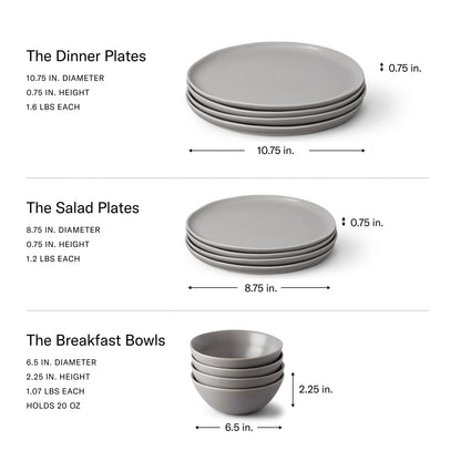Fable Dinnerware Set - Includes 4 Each of The Dinner + Salad Plates, and The Breakfast Bowls - Dishwasher Safe, Durable Stoneware Ceramic Plates and Bowls - Dove Gray