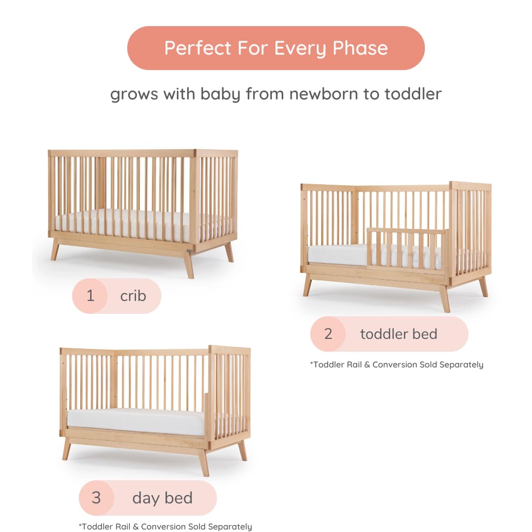 dadada Baby Soho 3-in-1 Convertible Wooden Crib to Toddler Bed - Made in Italy, GREENGUARD Gold Certified, Baby-Safe Finish, Handcrafted Beechwood, Modern Design, 3 Adjustable Heights (Natural)