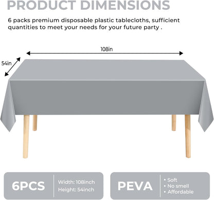 Skiennix Premium Disposable Plastic Tablecloths - 6 Pack | 54" x 108" for Indoor/Outdoor Events - Silver Grey