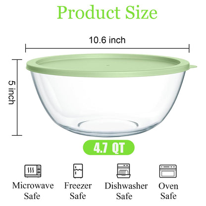 Yuixoseu 4.7 Qt Extra Large Glass Mixing Bowls, Clear Glass Bowl with Lid, Big Salad Bowl for Salad Fruit Bread Storage