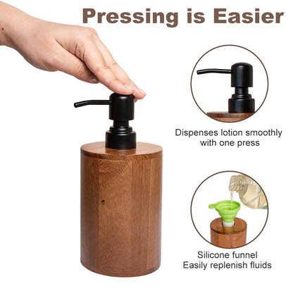 MIGAKU HOME Walnut Wood Soap Dispenser with Pump, Funnel & Label, Refillable Hand Soap Dispenser for Bathroom & Kitchen, Cylinder Design, Rustic Countertop Decor(7oz/200ml)