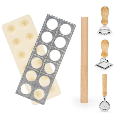 5 Pcs Ravioli Maker Set, Ravioli Cutter and Ravioli Mold with Wood Rolling Pin, 2-Inch Square Pasta Stamp Press for Homemade Italian Ravioli, Kitchen Pasta Making Tools for Baking Enthusiasts