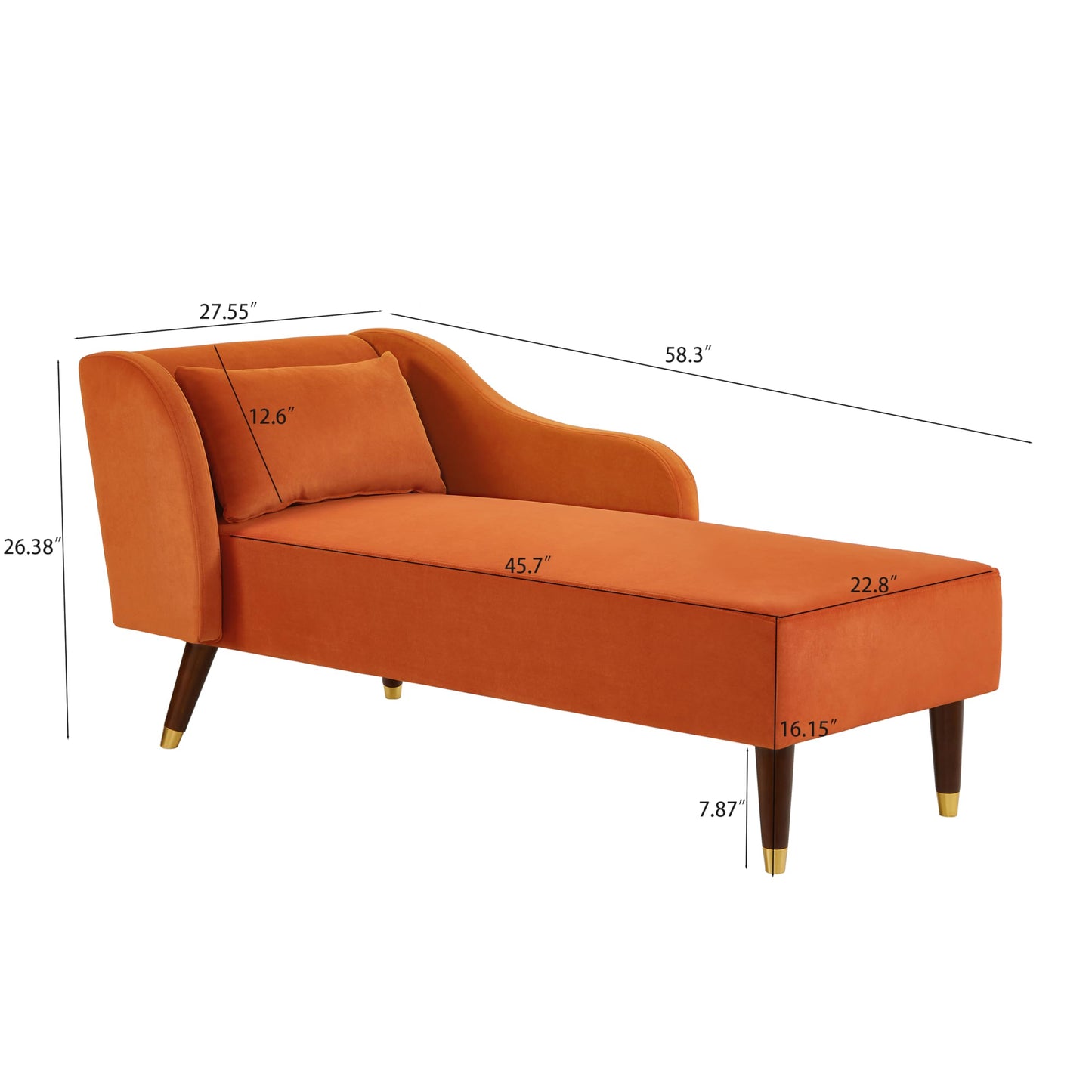 GDFStudio Upholstered Chaise Lounge Chair Indoor, Modern Velvet Recliner Lounge Chair with Removable Pillows, Gold Wood Legs, Backrest & Armrest, Reading Chaise Chair for Living Room Bedroom, Orange