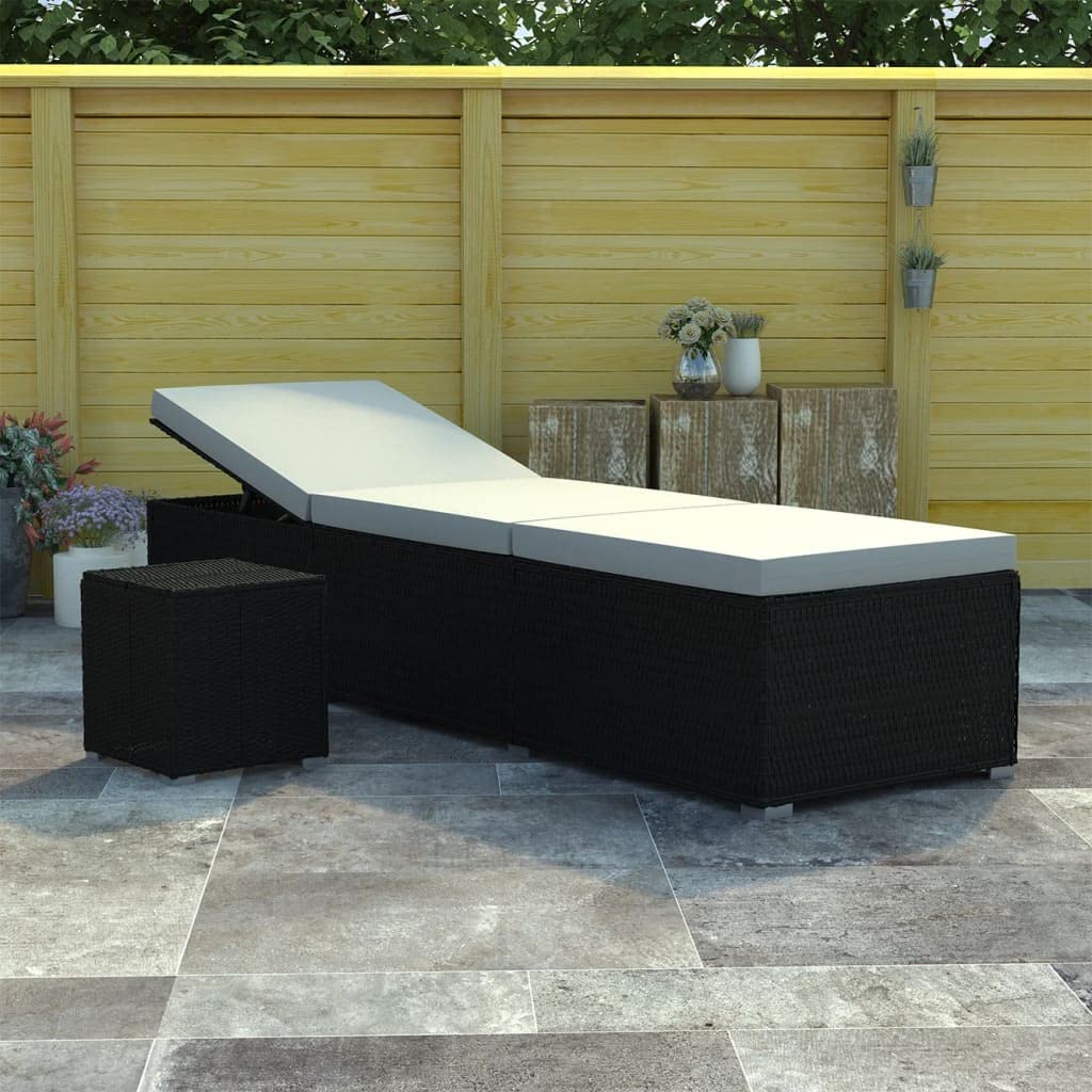 HFUDPOF Adjustable Sunbed with Side Table and Cushion, Black Sun Lounger Set with Tea Table for Outdoor Relaxation, PE Rattan Chaise Lounge