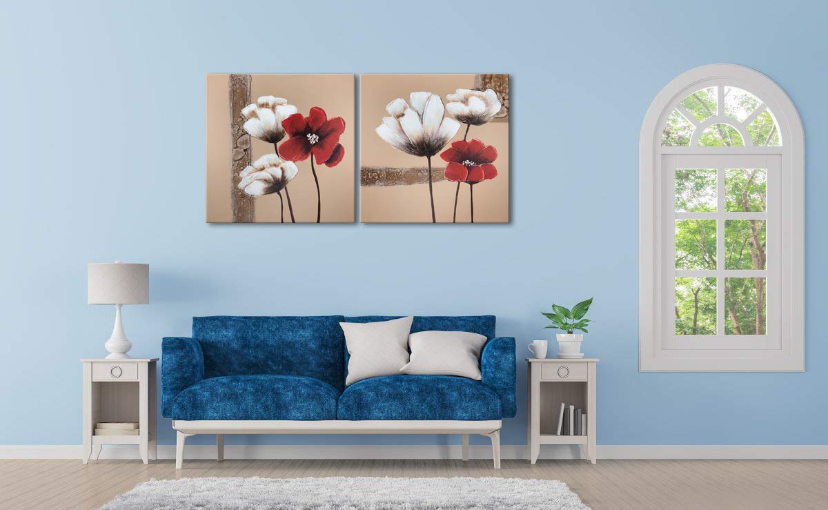 Wieco Art Red and White Flowers Canvas Prints Wall Art Abstract Floral Oil Paintings Style Pictures for Living Room Bedroom Bathroom Home Decorations 2 Piece Modern Stretched and Framed Grace Artwork