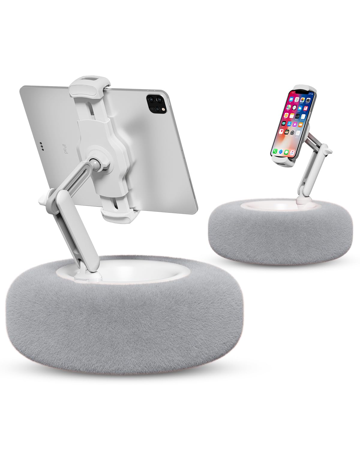 Viozon Tablet Stand Pillow, Compatible with 4.7"-13" Phone/Tablet, iPad, iPhone, Samsung, Google, Kindle, 360°Adjustable Phone Holder for Bed with Soft Plush Fabric, and Detachable Bowl, Grey