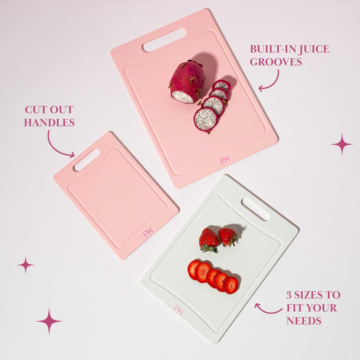 Paris Hilton Cutting Boards, Dual-Sided Cutting Board Set with Built-in Juice Grooves, Easy-Grip Handles, Heavy-Duty Plastic Made without BPA, Dishwasher Safe, 3-Piece Set, Pink and Cream