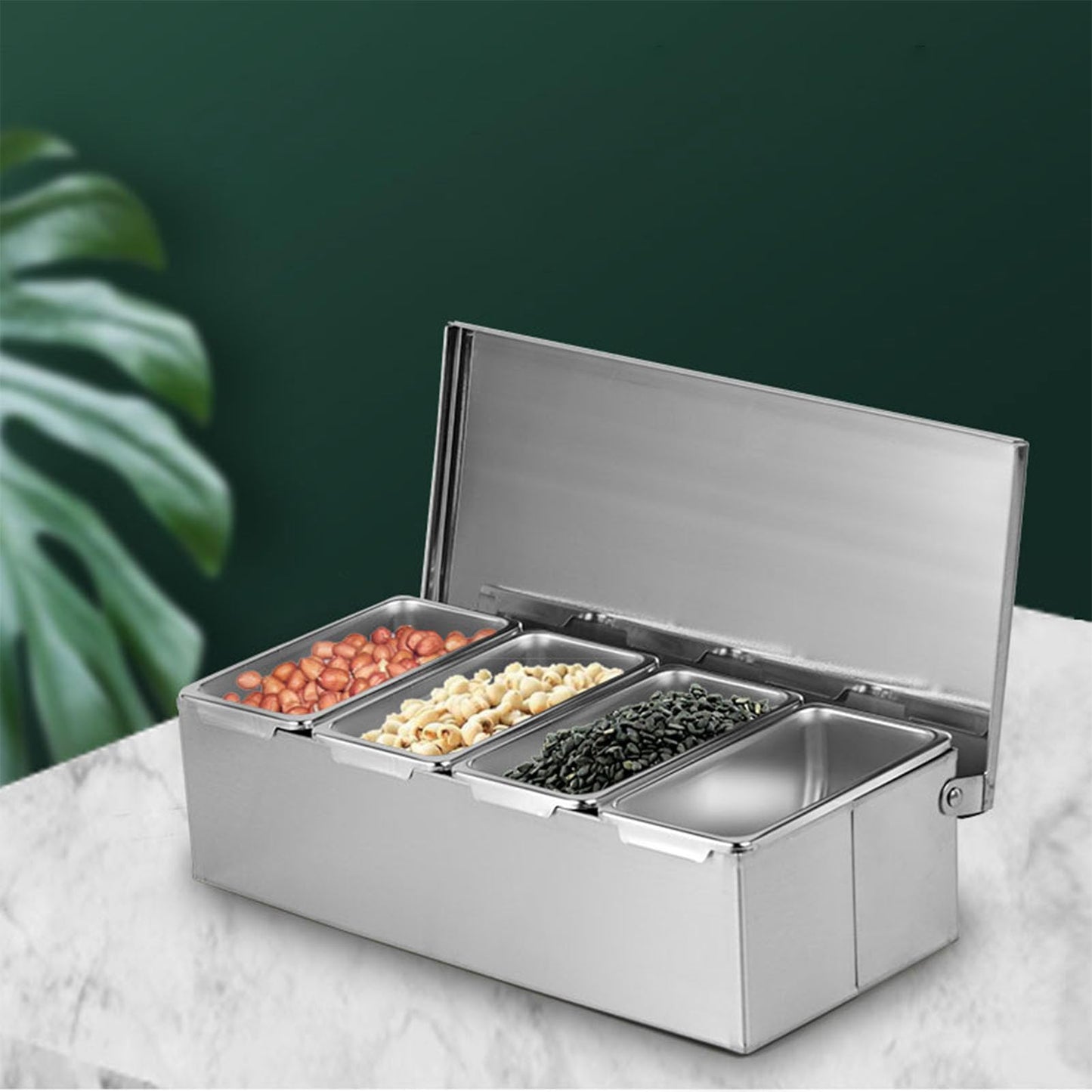 Ejoyous Seasoning Organizer Box, 4 Compartment Trays Stainless Steel Rack Set Large Capacity Storage Seasoning Case for Kitchen Camping Food Cream Parlor 14 x 8.8 x 30.5cm