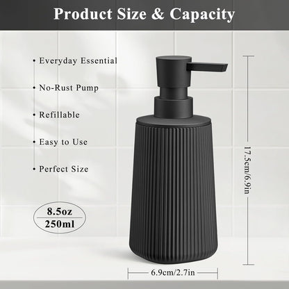 Black Hand Soap Dispenser - Rust-Proof Pump for Bathroom & Kitchen | Refillable Striped Matte Plastic, 8.5 oz