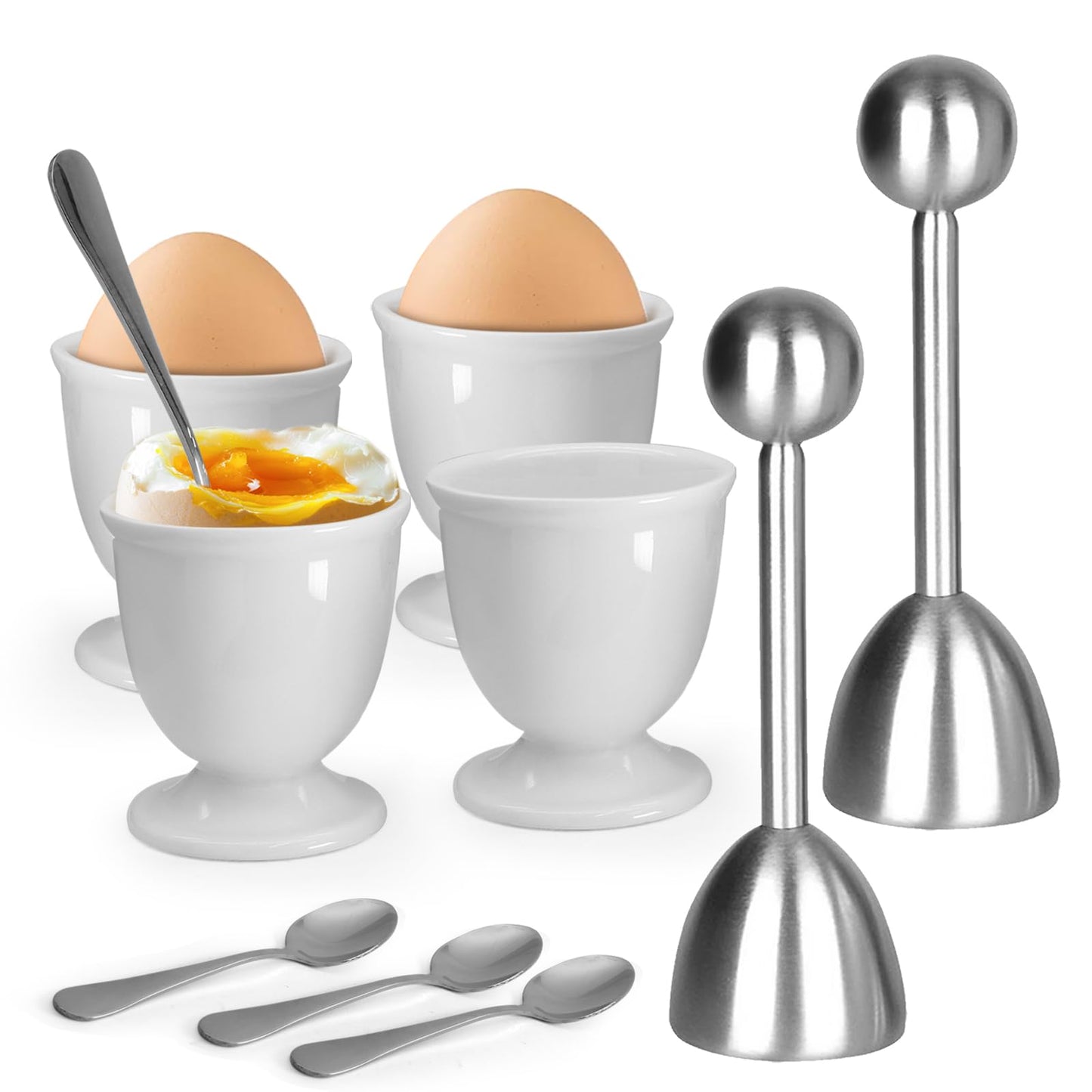 vibedor Egg Cups and Egg Cracker Set for Soft Boiled Eggs, 2 Stainless Steel Egg Cutter, 4 Stainless Stain Spoons and 4 Ceramic Egg Stands in Kitchen, Parties for Breakfast, Host