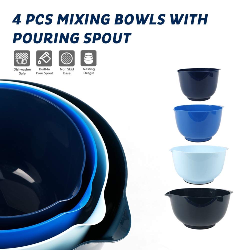 BoxedHome Nesting Plastic Mixing Bowl Set With Pour Spout, Microwave and Dishwasher Safe, BPA free Non-Slip Base, Set of 4 Size 1.7, 2.5, 3.5 and 4.5qt, Great for Prepping, Baking, Cooking (Dark Blue)