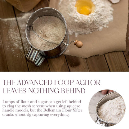 Bellemain 3 Cup Flour Sifter for Baking Fine Mesh Rotary Hand Crank with Loop Agitator for Quick Sifting, Flour Sifter Stainlees Steel