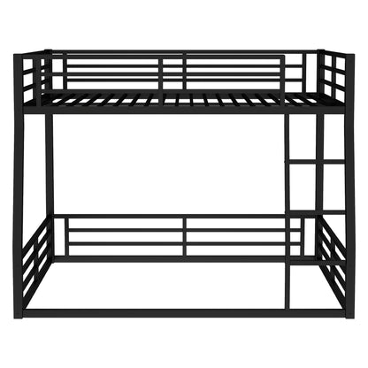 Full XL Over Queen Bunk Bed Frame with Noise Reduced Design, Heavy Buty Floor Bunk Bed Full XL Over Queen Bunk Beds with Build in Ladder for Adults, Teens(Black Floor Bunk Bed)