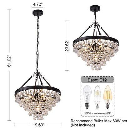 Wellmet Modern Crystal Chandeliers, 6 Lights Black Chandeliers for Dining Room, Farmhouse Ceiling Light Fixture for Foyer, Bedroom, Living Room, Entryway, Kitchen Island, 20”Dia