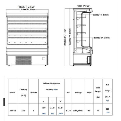 FRICOOL 52" Display Refrigerators Open Air Food Refrigerated Display Case for Commercial Bakery Pastry Refrigerated Upright Display Cooler Case for Stores, Supermarkets, Bar, Shops, 36~41℉, Black