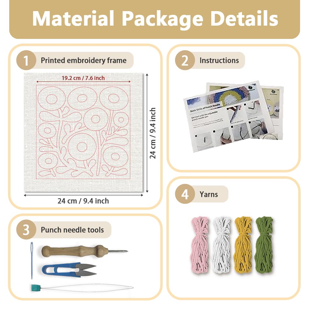 DOODLREAM Round Flower Needle Kit for Beginner, 9.4"x 9.4" Cute Floral Punch Stitching Craft Set, DIY Embroidery Starter with Printed Frame, Instruction, Threader, Yarn, Pinch Needle