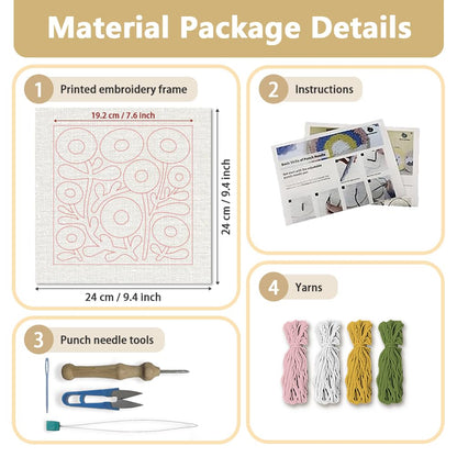 DOODLREAM Round Flower Needle Kit for Beginner, 9.4"x 9.4" Cute Floral Punch Stitching Craft Set, DIY Embroidery Starter with Printed Frame, Instruction, Threader, Yarn, Pinch Needle