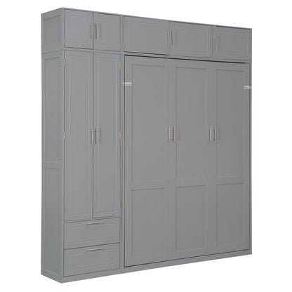 Merax Queen Size Murphy Bed with Shelves, Top Cabinet and Wardrobe, Fold into The Wall, Multifunctional Foldable Platform Bed Frame for Bedroom, Guest Room, Home Office, Space-Saving Design, Gray