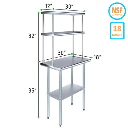 KPS Commercial Stainless Steel Work Prep Table 18" x 30" with 12" x 30" Double Overshelf | NSF Certified | Adjustable Undershelf & Fixed Top Shelf – Kitchen & Utility Use