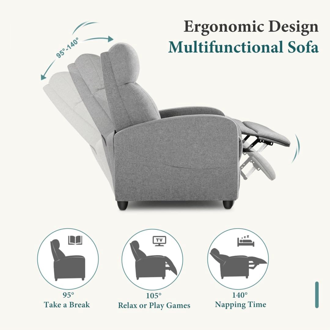 UOCFYK Massage Recliner Chair, Fabric Reclining Sofa Chair with Padded Seat Backrest, Home Theater Seating with Adjustable Feature for Living Room and Bedroom, Grey