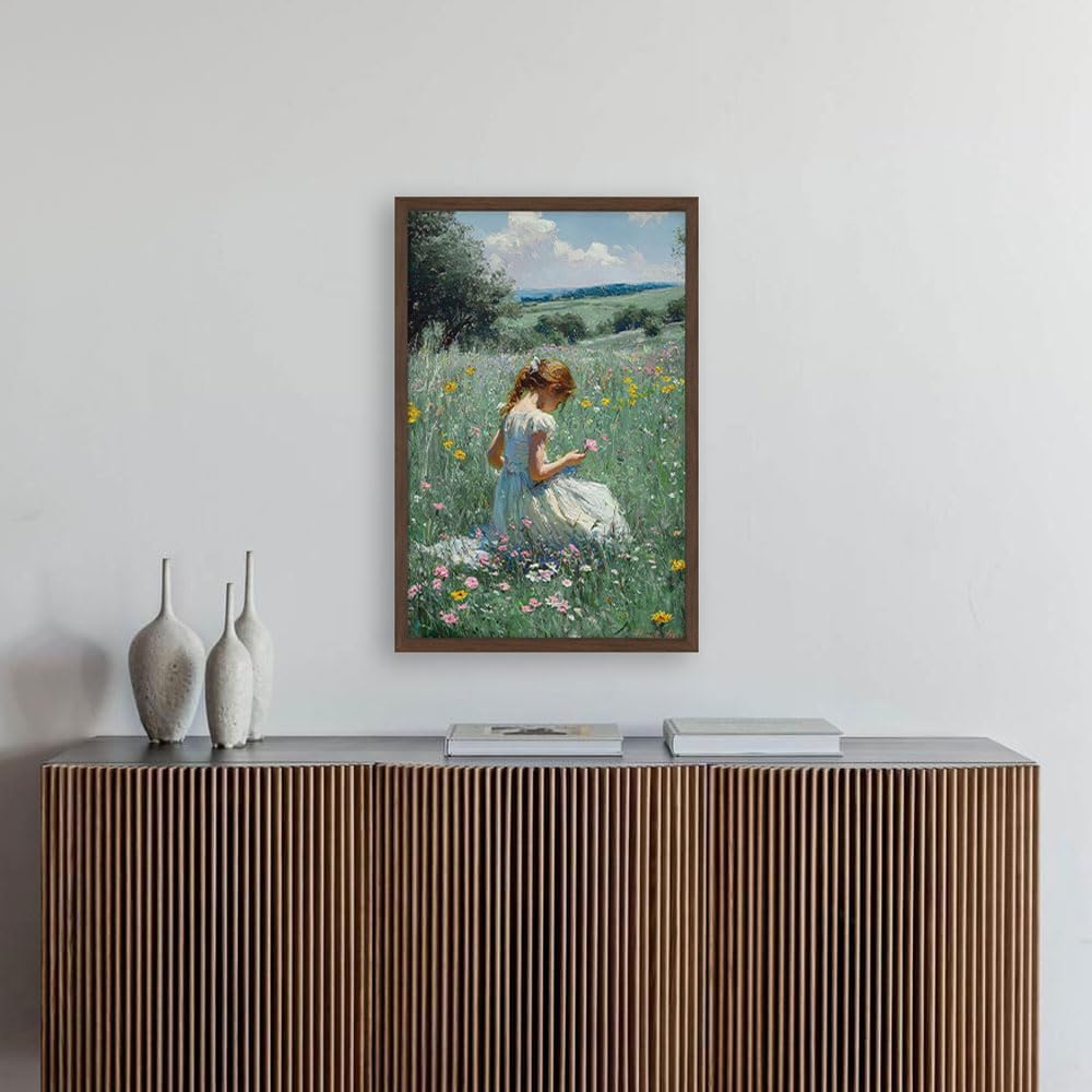 16x24 Inches Framed Girl in Wildflower Meadow Wall Art Impressionist Oil Painting Print on Canvas, Pastoral Nature