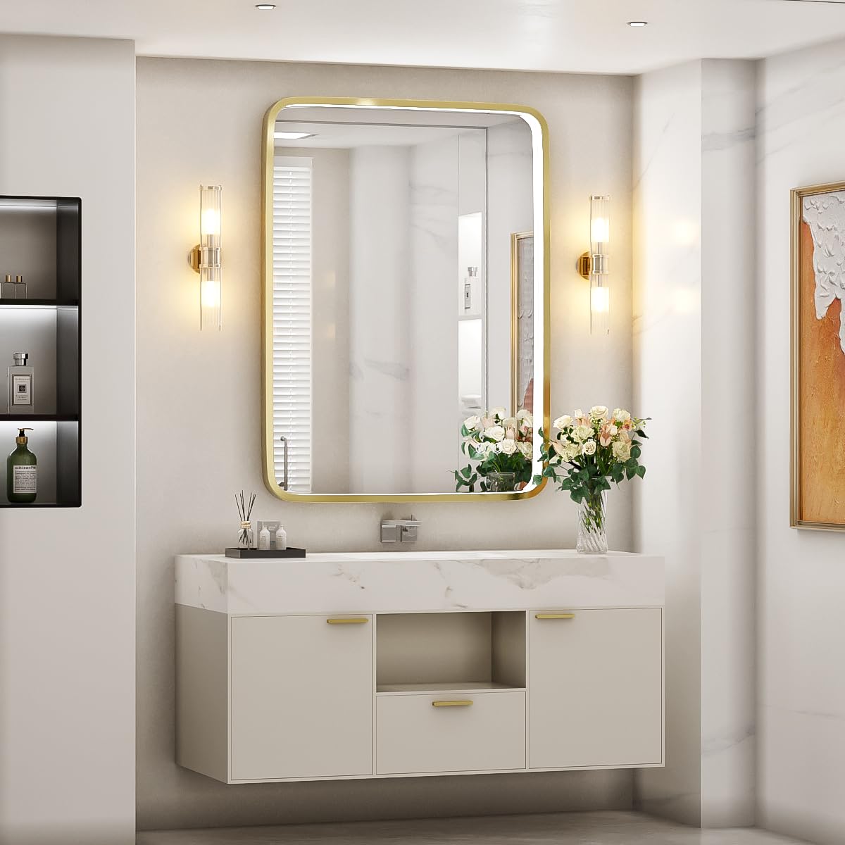 FTOTI 28x36 Inch LED Bathroom Mirror with lights,Wall Mounted Lighted Vanity Mirrors with Non-Rusting Gold Metal Frame Anti-Fog Memory Funtion Stepless Dimmable for Bathroom Decor(Horizontal&Vertical)